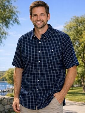 Haggar Mens XXL Blue Cream Plaid 100% Cotton Button Down Shirt